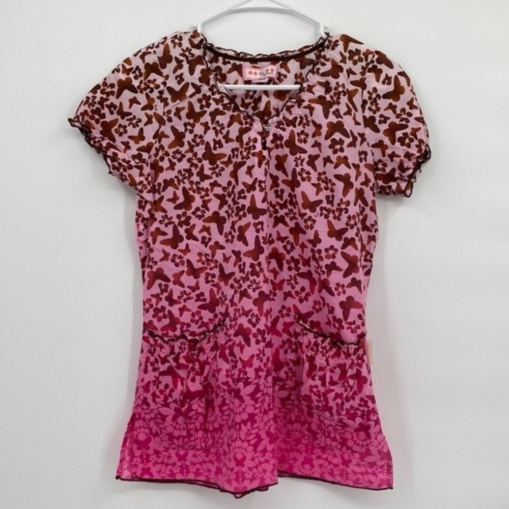 Koi By Kathy Peterson Ombre Butterfly V-Neck Short Sleeve Scrub Top Pink Size XS